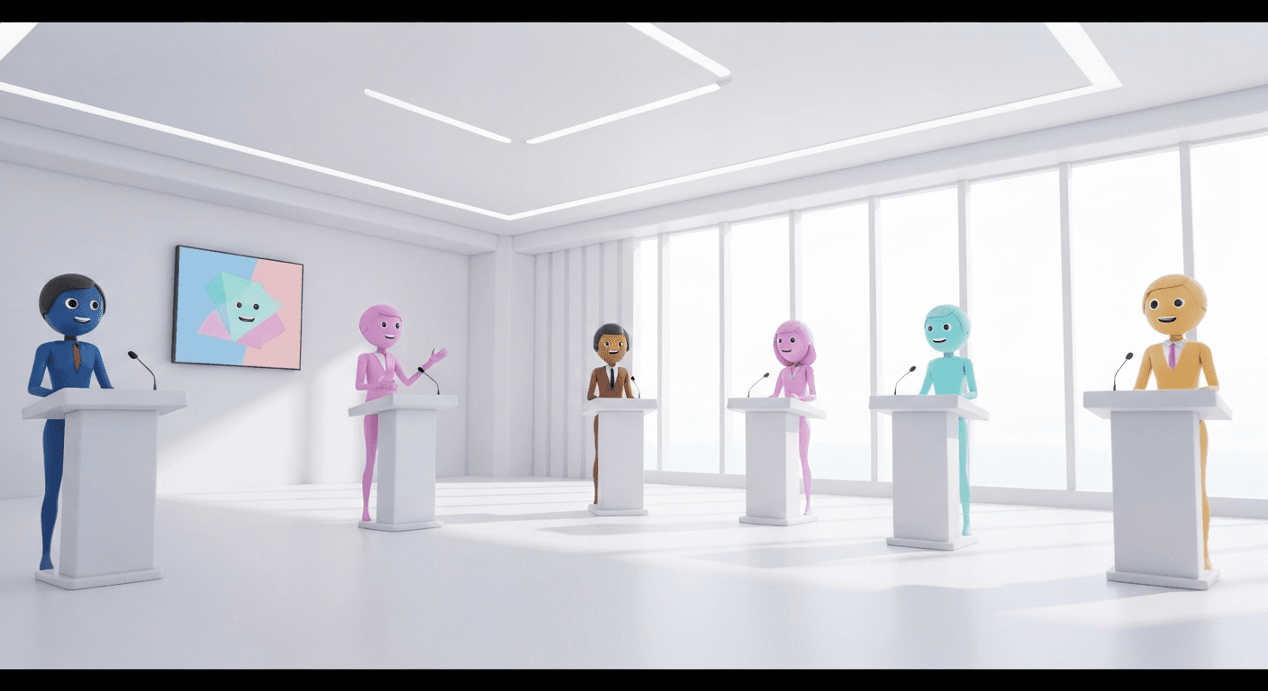 AI avatars debating in conference room